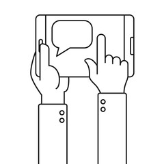 Human hands holding tablet with speech bubble illustration isolated on white background. Line vector illustration with black stroke for web and ui business design
