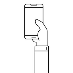 Human hand holding smartphone illustration isolated on white background. Outline vector illustration with black stroke for web and ui business design