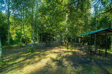 Empty picnic areas and cooking meat in the park