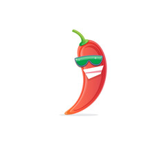 vector funny cartoon red hot chilli pepper character with sunglasses isolated on white background. funky smiling cute mexican paprika pepper vegetable character.