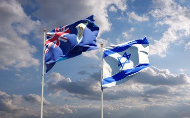 Beautiful national state flags of Israel and Anguilla together at the sky background. 3D artwork concept.