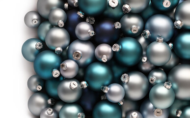Christmas decorations, pile of glass blue colored balls isolated on white, useful as a greeting gift card background