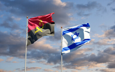 Beautiful national state flags of Israel and Angola together at the sky background. 3D artwork concept.