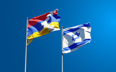 Beautiful national state flags of Israel and Artsakh together at the sky background. 3D artwork concept.