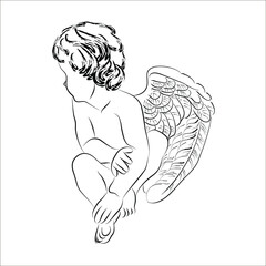 
Vector linear illustration of a seated Cupid. Isolated image of a turned away angel with wings.