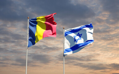 Beautiful national state flags of Israel and Chad together at the sky background. 3D artwork concept.
