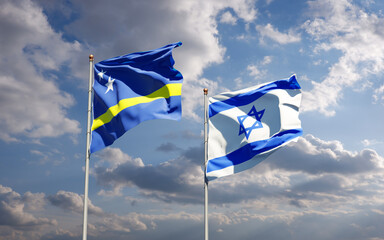 Beautiful national state flags of Israel and Curacao together at the sky background. 3D artwork concept.