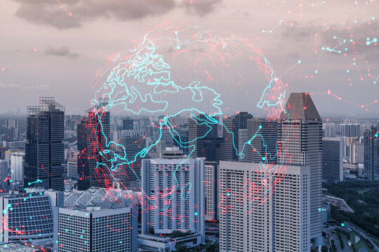 Glowing hologram of Earth planet map on aerial panoramic cityscape of Singapore at sunset, Asia. The concept of international business. Multi Exposure.