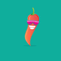 vector funny cartoon red hot chilli pepper character with sunglasses isolated on azure background. funky smiling cute mexican paprika pepper vegetable character.