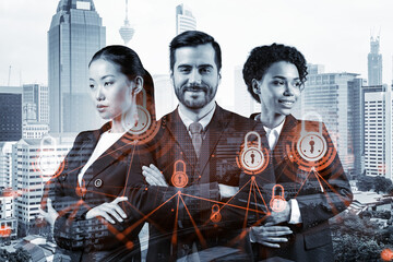 Group of business colleagues as a part of multinational corporate team working on project to protect clients information at cybersecurity compliance division. IT lock icons over Kuala Lumpur