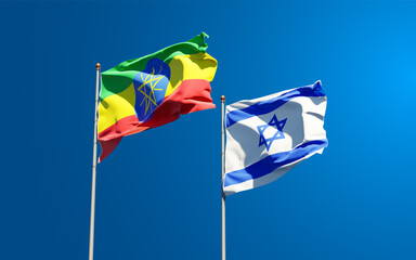 Beautiful national state flags of Ethiopia and Israel together at the sky background. 3D artwork concept.