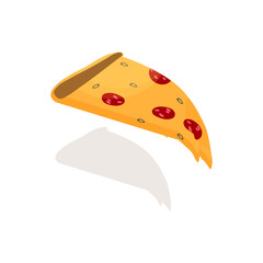 Slice of pizza with sausage and olives. Cartoon sticker. Vector. Decorations for greeting cards, posters, prints, emblems.