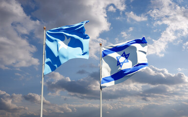 Beautiful national state flags of Somalia and Israel together at the sky background. 3D artwork concept.