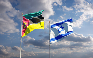 Beautiful national state flags of Mozambique and Israel together at the sky background. 3D artwork concept.