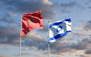 Beautiful national state flags of Morocco and Israel together at the sky background. 3D artwork concept.