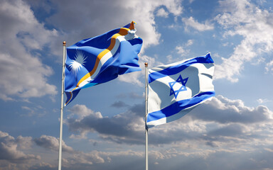 Beautiful national state flags of Marshall Islands and Israel together at the sky background. 3D artwork concept.