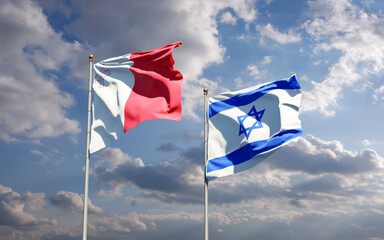 Beautiful national state flags of Malta and Israel together at the sky background. 3D artwork concept.