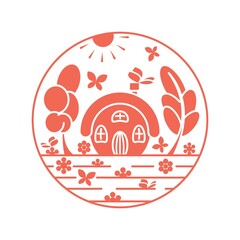 Spring house in garden. Silhouette. Beauty in nature. The image of silhouettes of the sun, house, trees, flowers and a butterfly. Color of objects is warm pink. Design element. Vector illustration.