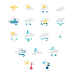 Obraz premium Set of Weather flat vector icons. symbols of the Sun, Clouds, Snowflakes, Wind, Rainbow, Moon