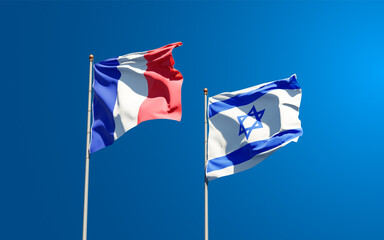 Beautiful national state flags of France and Israel together at the sky background. 3D artwork concept.