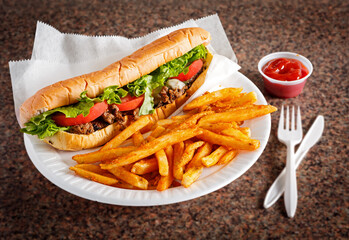 Steak and cheese sub sandwich with French fries