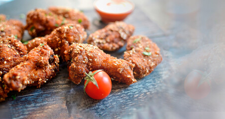 Baked chicken wings with sesame seeds. Ketchup and chili sauce. Free space for text. Wooden background. Delicious fried chicken wings. Close up. Copy space