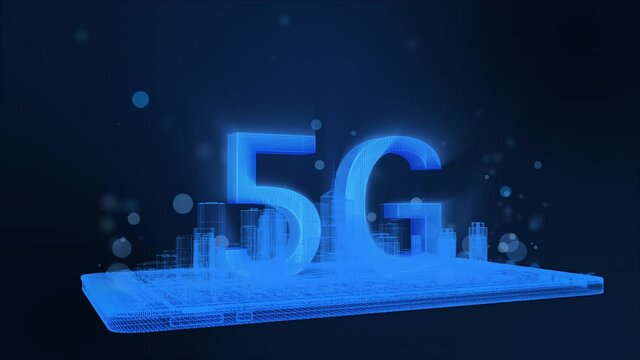 5G on blue wireframe city building and cell phone, glow light particle. 3D Rendering.
