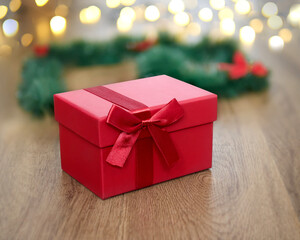 Christmas red gift box on wooden floor. In the background, a green tree and christmas lights. Rectangular gift box with ribbon and bow.