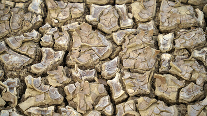 Close up view of cracked dried soil. Desiccation in soil, hard panic surface, natural dryness and rough desert plains. It occurs naturally Laterite soil.