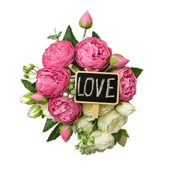 Kwiaty Love peonie bukiet - obrazy, fototapety, plakaty