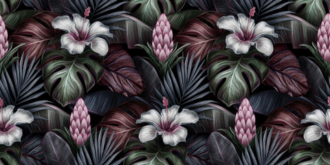 Naklejki  Tropikalny egzotyczny wzór z hibiskusa, bromeliad, monstera, liści bananowca, palm, colocasia. Ręcznie rysowane ilustracja 3d. Dobry do produkcji tapet, tkanin, drukowania tkanin, towarów.
