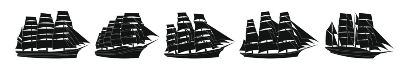 large black and white vector sailing ships - obrazy, fototapety, plakaty