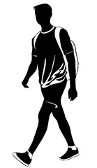 Silhouette of a young man walking in summer clothes with a backpack behind his back