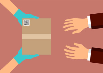 Courier hands with medical gloves parcel to customer. Delivery box, package service. Transportation, container. Safe receive, send and transfer products. Stay home. Vector cartoon illustration.
