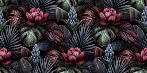 Tropical exotic seamless pattern with red flower, bromeliad, monstera, banana leaves, palm, colocasia. Hand-drawn 3D illustration. Good for production wallpapers, cloth, fabric printing, goods. - 391035726