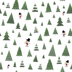 Obraz premium Christmas trees and snowman seamless pattern in differennt styles for wrapping paper, wallpaper or textile, winter holidays characters