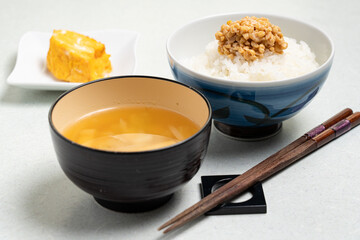 Japanese breakfast. Natto, rice, miso soup.