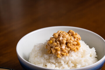 Japanese breakfast. Natto, rice, miso soup.