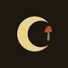 Astrology and witchraft illustration of a half moon with a fairy mushroom. Cartoon spiritual fairytale illustration