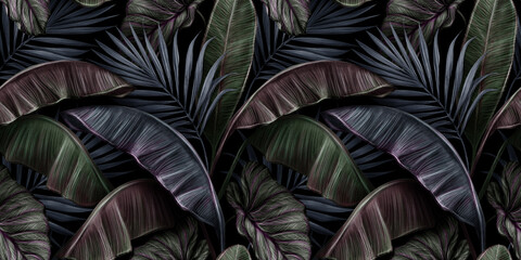 Obraz premium Tropical exotic seamless pattern with dark color vintage banana leaves, palm and colocasia. Hand-drawn 3D illustration. Good for production wallpapers, cloth, fabric printing, goods.