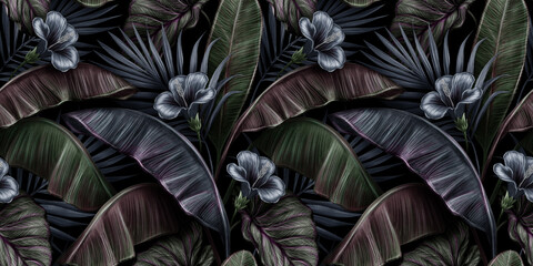 Tropical exotic dark vintage seamless pattern with blue hibiscus, banana leaves, palm, colocasia. Hand-drawn 3D illustration. Good for production wallpapers, cloth, fabric printing, goods.