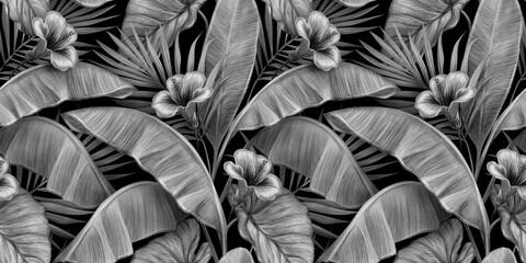 Tropical exotic dark vintage seamless fretwork pattern with hibiscus, banana leaves, palm, colocasia. Hand-drawn 3D illustration. Good for production wallpapers, cloth, fabric printing, goods.