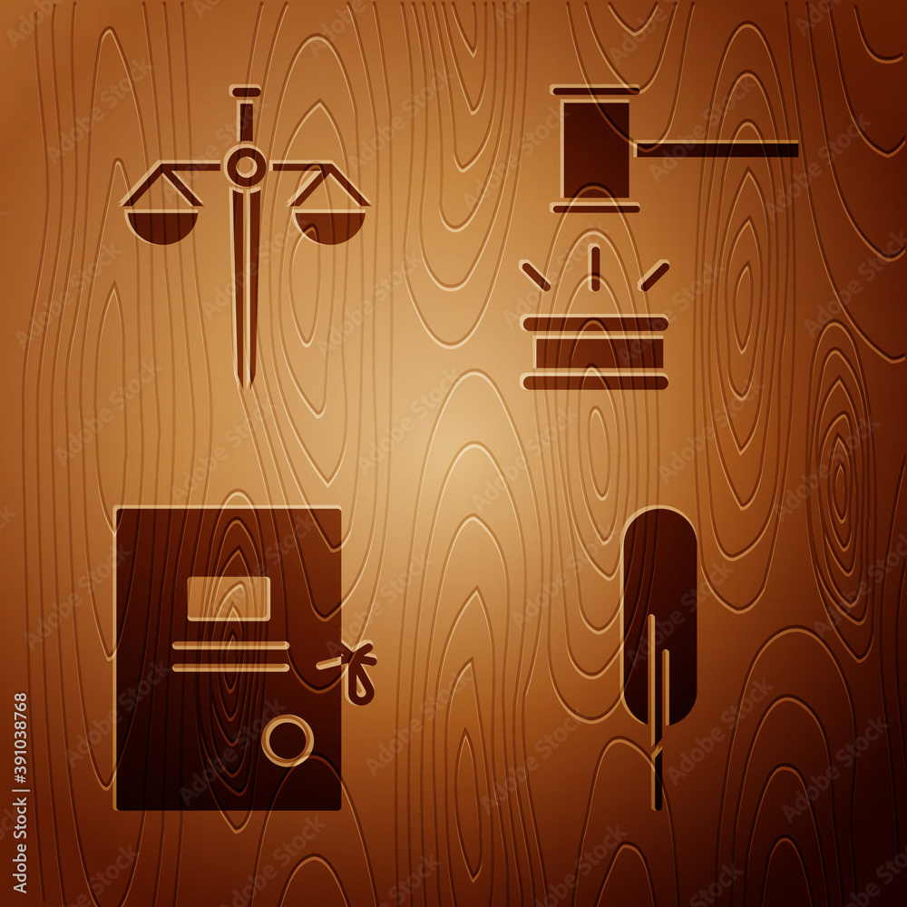 Sticker Set Feather pen, Scales of justice, Lawsuit paper and Judge gavel on wooden background. Vector.