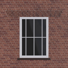 English Brick Straight Facade. Background of wall of red brick and a window in the English style. Straight lines and right angles. 3D-rendering