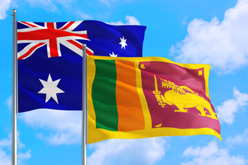 Sri Lanka and Australia national flag waving in the windy deep blue sky. Diplomacy and international relations concept.