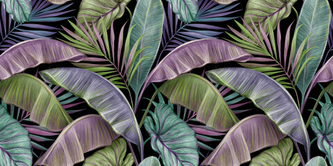 Tropical exotic seamless pattern with color vintage banana leaves, palm and colocasia. Hand-drawn 3D illustration. Good for production wallpapers, cloth, fabric printing, goods.