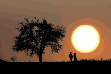 Silhouette of a couple taking a walk at sunset