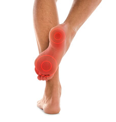 Man suffering from foot pain on white background, closeup