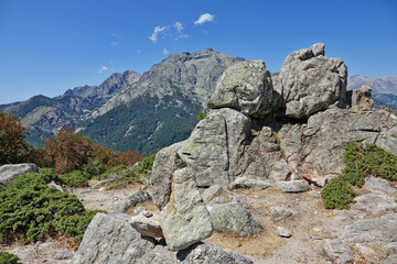 Fototapeta na wymiar Le rocher de la Madone au milieu des genévriers dans les montagnes corses 