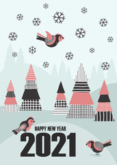 Winter snowy landscape, happy new year 2021, robin birds in natture